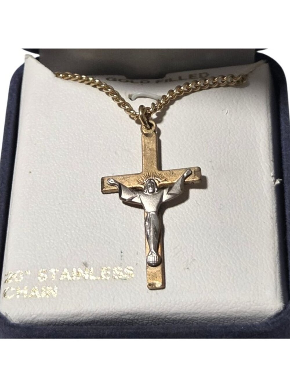 14K Gold Filled Crucifix Pendant Necklace 20 inch Stainless Chain Religious